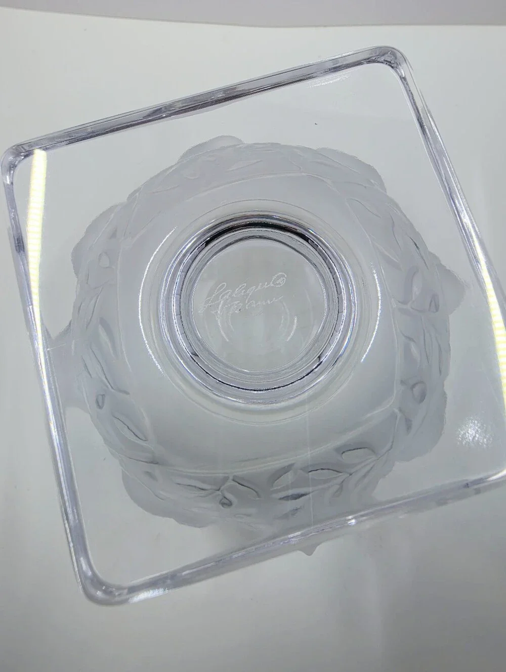 Lalique France Elisabeth Fauna & Flora Frosted Crystal Vase Square Pedestal